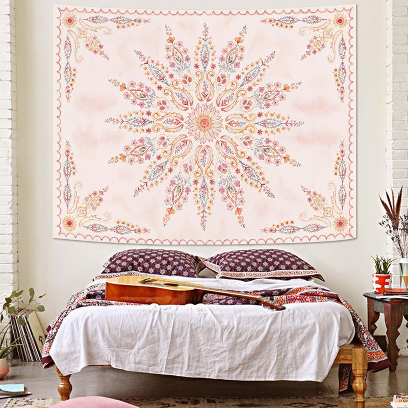 Fowocu Boho Floral Mandala Tapestry for Bedroom Aesthetic Pink Bohemian Flower Wall Tapestry Watercolor Hippie Indian Small Tapestries Wall Hanging for Living Room Dorm Decor 40 x 30 Inch - Image 5