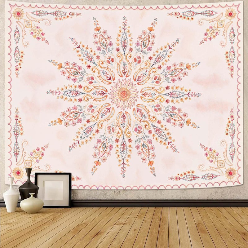 Fowocu Boho Floral Mandala Tapestry for Bedroom Aesthetic Pink Bohemian Flower Wall Tapestry Watercolor Hippie Indian Small Tapestries Wall Hanging for Living Room Dorm Decor 40 x 30 Inch - Image 1