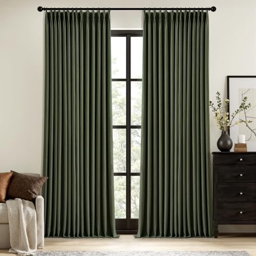 MIULEE Olive Green Pinch Pleated 100% Blackout Linen Curtains 96 Inch Length 2 Panels Set, Dark Green Pleat Curtains with Pin Hooks, Black Out Room Darkening Drapes for Bedroom Living Room Window