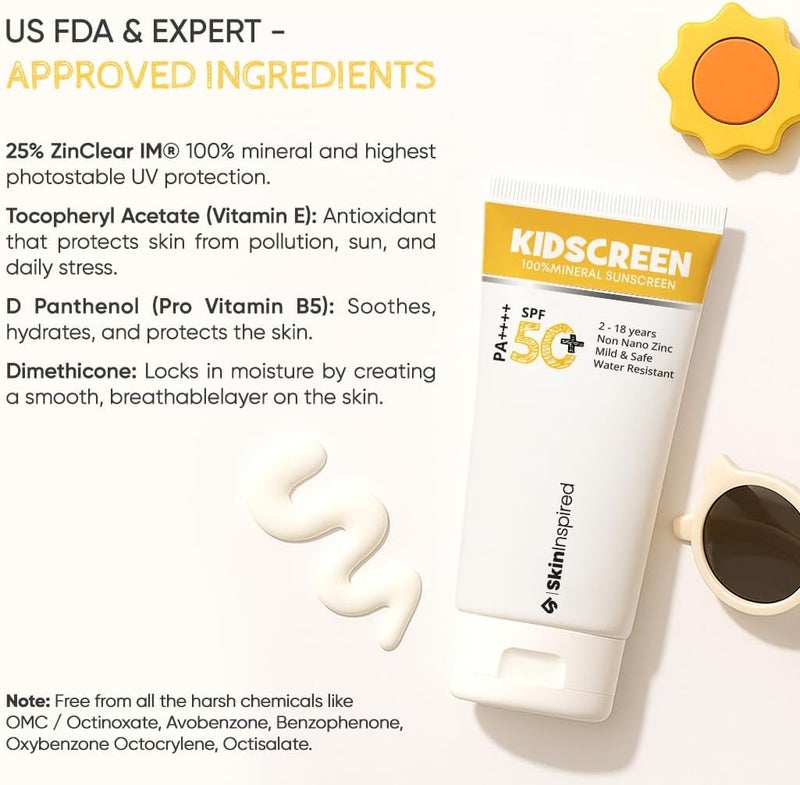 Skininspired Kidscreen (2-18 yrs) 100% Mineral Sunscreen for Kids | SPF 50+ PA++++ | Broad Spectrum UVA & UVB Protection | Water & Sweat Resistant | Vitamin E & Pro Vitamin B5 | Non-Greasy | 50GM - Image 5