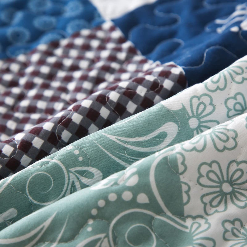 Dinjoy Reversible Patchwork Quilt Bedding Set Full Size Blue Green Grey Plaid Floral Pattern Bedspread Set Soft Microfiber Coverlets Bed Set 3 Pieces Spring Summer Fall Use (78x90 inches) - Image 4