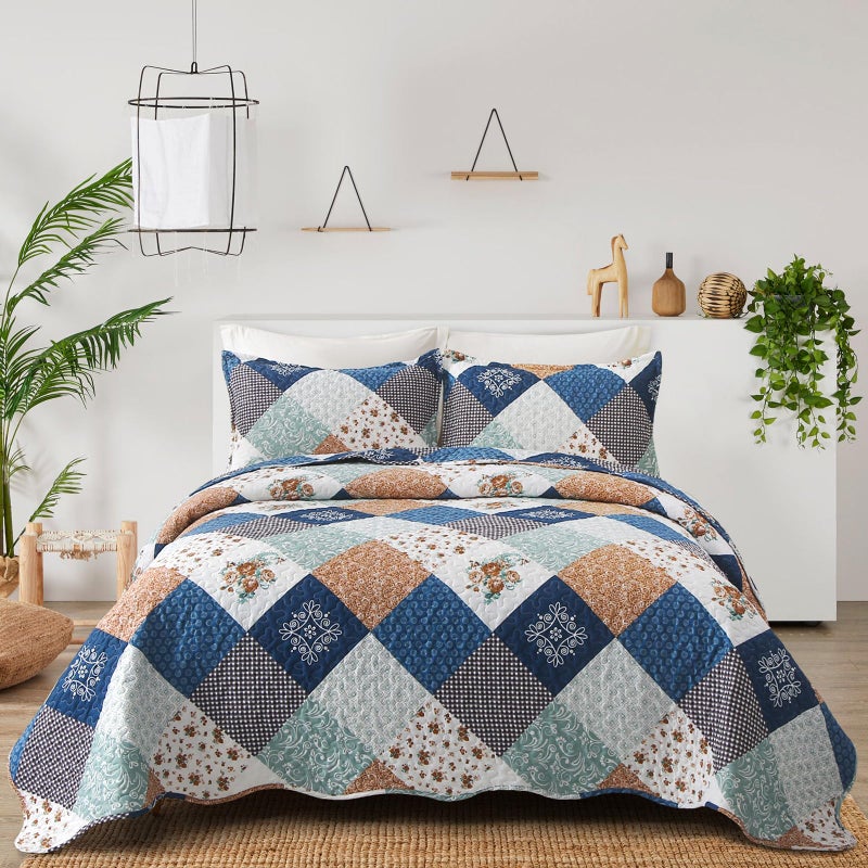 Dinjoy Reversible Patchwork Quilt Bedding Set Full Size Blue Green Grey Plaid Floral Pattern Bedspread Set Soft Microfiber Coverlets Bed Set 3 Pieces Spring Summer Fall Use (78x90 inches) - Image 1