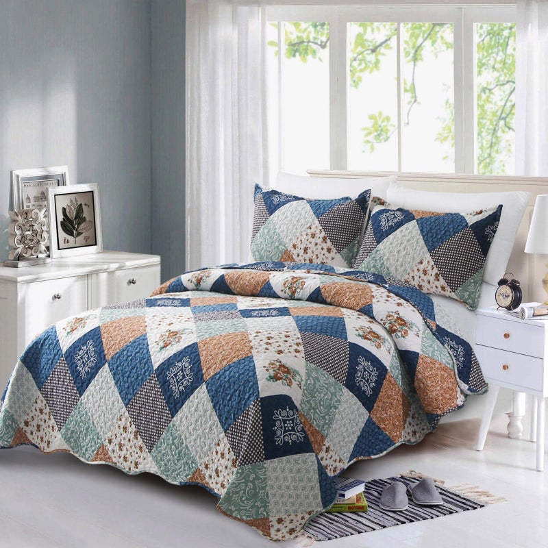 Dinjoy Reversible Patchwork Quilt Bedding Set Full Size Blue Green Grey Plaid Floral Pattern Bedspread Set Soft Microfiber Coverlets Bed Set 3 Pieces Spring Summer Fall Use (78x90 inches) - Image 2