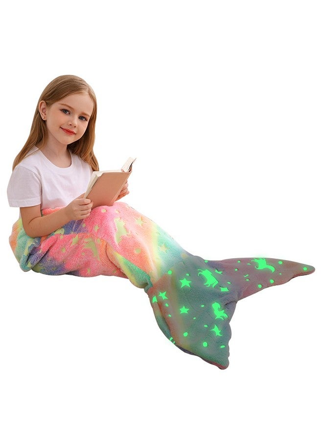 Viviland Viviland Kids Mermaid Tail Blanket - Mermaid Tail Blankets Glow in The Dark - Flannel Mermaid Blanket Gifts for Girls - Luminous Unicorn Super Soft Tie Dye Girls - Multicolor Unicorn 17"×39"  - Image 1