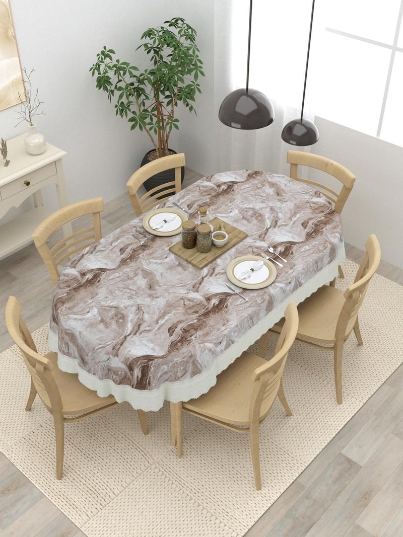 Clasiko 6 Seater Oval Dining Table Cover; 60x90 Inches or 152x228 Cms; Material - PVC; Anti Slip; Marble Design On Brown; 69051 - Image 1