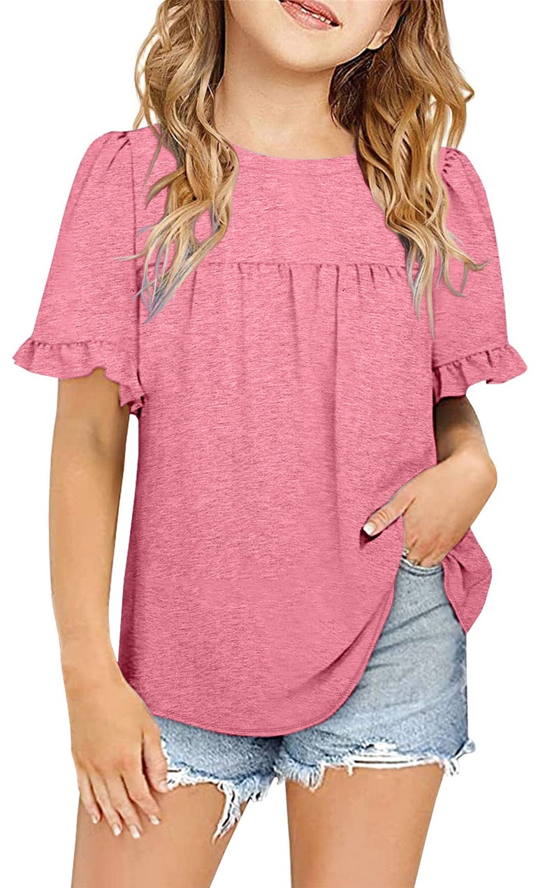 Ebifin Girls Short Sleeve Tops Casual Crewneck T Shirts Kids Peplum Babydoll Tunic Tees Blouses Size 4-15 Years B-Pink - Image 1