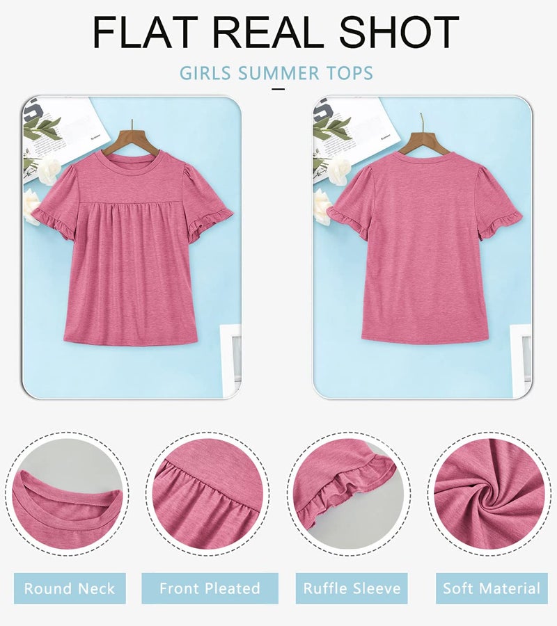 Ebifin Girls Short Sleeve Tops Casual Crewneck T Shirts Kids Peplum Babydoll Tunic Tees Blouses Size 4-15 Years B-Pink - Image 5