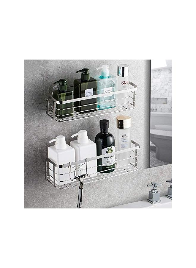 Raxoom Shower Shelf Adhesive With Hook Rustproof Shower Caddy Bathroom Shower Organiser Storage Basket Wall Mounted Stainless Steel SUS304 Shower Storage No Drilling Silver - 2 Pack - Image 3