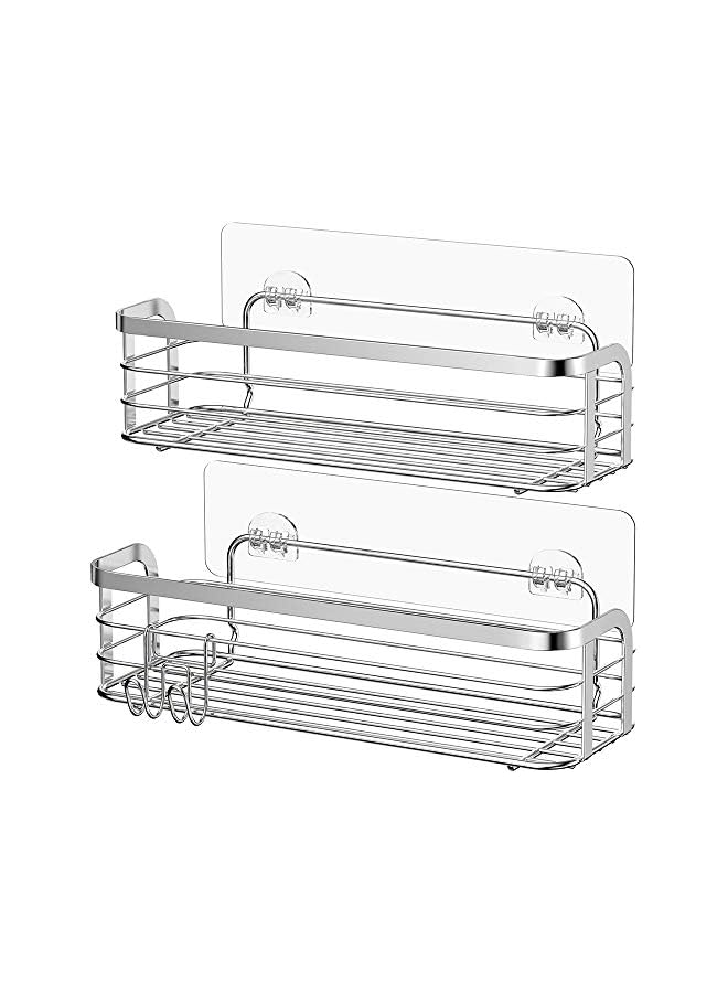 Raxoom Shower Shelf Adhesive With Hook Rustproof Shower Caddy Bathroom Shower Organiser Storage Basket Wall Mounted Stainless Steel SUS304 Shower Storage No Drilling Silver - 2 Pack - Image 2