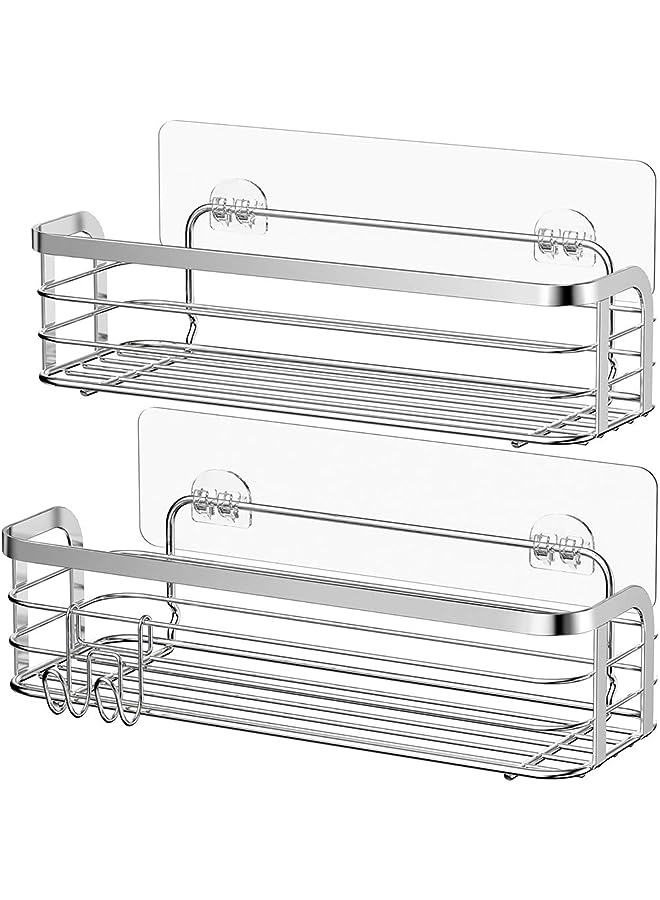 Raxoom Shower Shelf Adhesive With Hook Rustproof Shower Caddy Bathroom Shower Organiser Storage Basket Wall Mounted Stainless Steel SUS304 Shower Storage No Drilling Silver - 2 Pack - Image 1