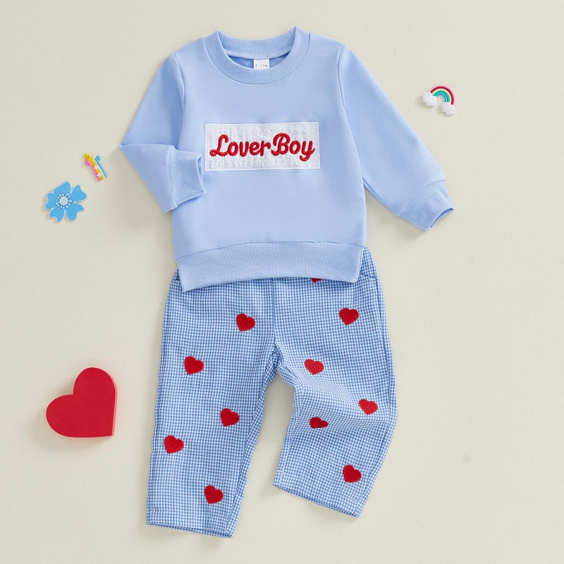 Kuriozud Toddler Baby Boy Clothes Outfit Valentines Day Sweatshirt Lover Boy Shirt+Waffle Knit Pant Set Clothing Fall Winter (Blue Heart Lover Boy, 2-3T) - Image 5