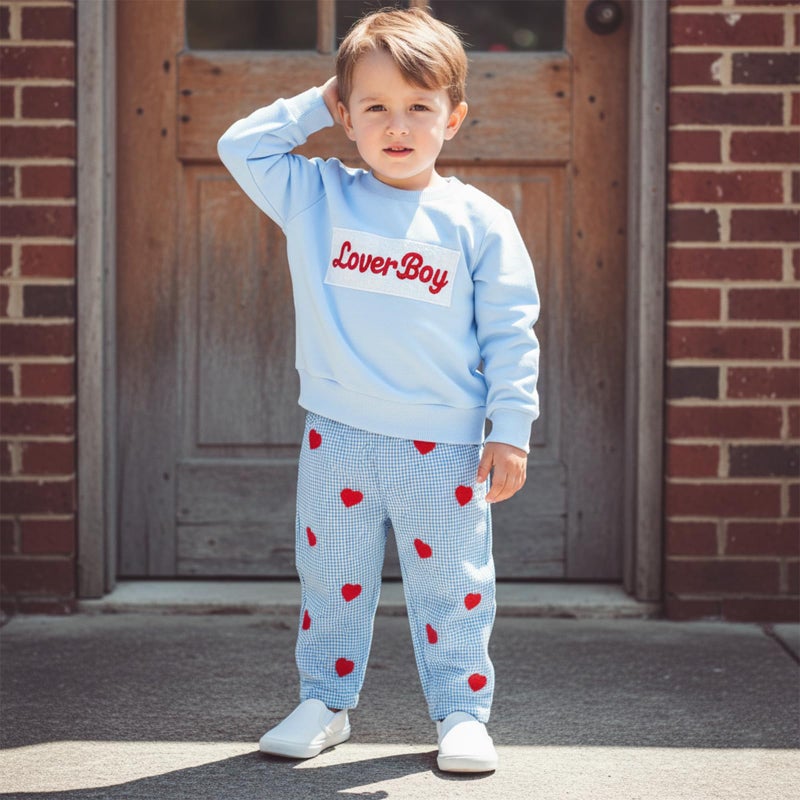 Kuriozud Toddler Baby Boy Clothes Outfit Valentines Day Sweatshirt Lover Boy Shirt+Waffle Knit Pant Set Clothing Fall Winter (Blue Heart Lover Boy, 2-3T) - Image 2