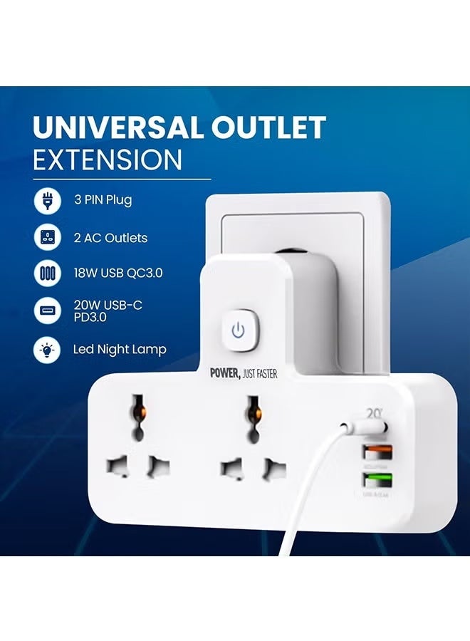 Rock Pow 5-in-1 Power Extension Socket Power adapter, Extension Plug 2 Outlet Multi Plug Adapter Surge Protector Plug With 20W USB-C PD Quick Charge Port, 2 USB-A QC3.0, 2 Universal Outlets, With Light - Image 5
