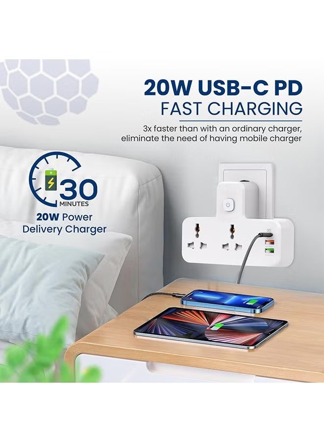 Rock Pow 5-in-1 Power Extension Socket Power adapter, Extension Plug 2 Outlet Multi Plug Adapter Surge Protector Plug With 20W USB-C PD Quick Charge Port, 2 USB-A QC3.0, 2 Universal Outlets, With Light - Image 3