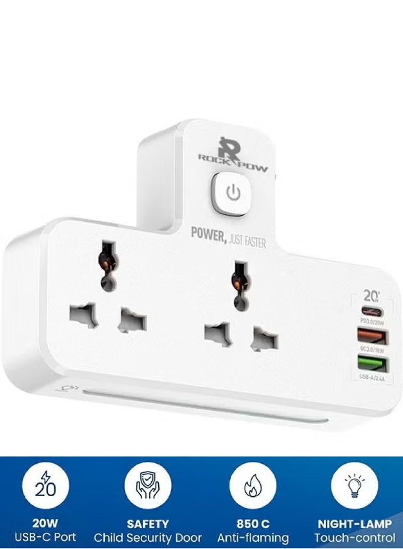 Rock Pow 5-in-1 Power Extension Socket Power adapter, Extension Plug 2 Outlet Multi Plug Adapter Surge Protector Plug With 20W USB-C PD Quick Charge Port, 2 USB-A QC3.0, 2 Universal Outlets, With Light - Image 1