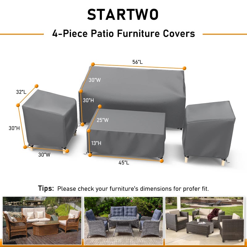 STARTWO Outdoor Waterproof Patio Furniture Covers 4-Piece Set for Chairs 32in, Loveseat 56in, Coffee Table 45in, Heavy Duty 600D, Grey - Image 2