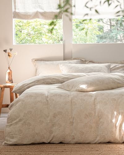 MILDLY Linen Cotton Duvet Cover - Garden Floral Jacquard Textured Comforter Cover Set 3pcs with Zipper Closure Breathable & Minimalist for All Season - Image 1