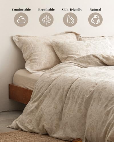 MILDLY Linen Cotton Duvet Cover - Garden Floral Jacquard Textured Comforter Cover Set 3pcs with Zipper Closure Breathable & Minimalist for All Season - Image 2