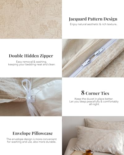 MILDLY Linen Cotton Duvet Cover - Garden Floral Jacquard Textured Comforter Cover Set 3pcs with Zipper Closure Breathable & Minimalist for All Season - Image 4
