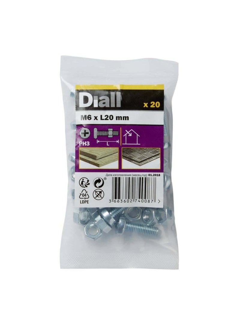 Dial M6 Carbon Steel Pan Head Machine Screw And Nut 20Mm 20Pc