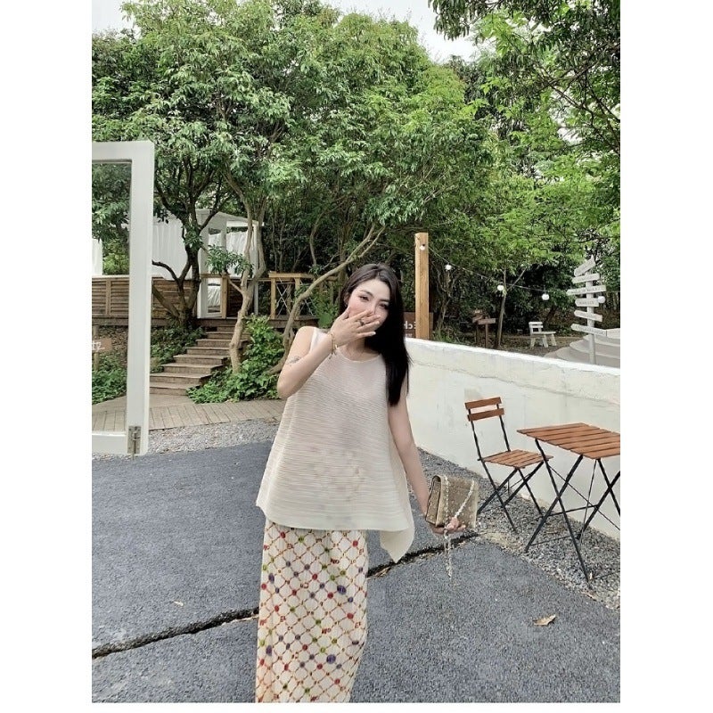 Miyake Fashionable Top Pleated Top Sleeveless Loose Mid-Length Niche Design Round Neck Slimming Look T-Shirt - Image 4