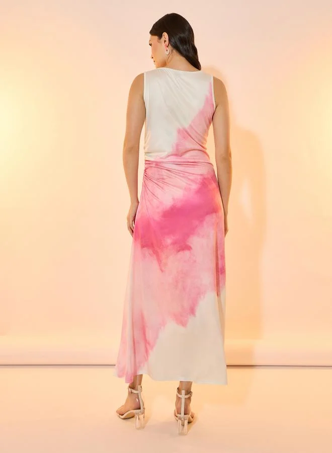 تايك تو Tie-Dye Print Side Ruched Detail Sleeveless Maxi Dress
