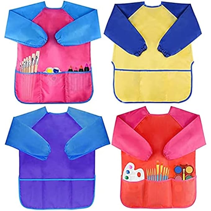 ELECDON Waterproof Art Smock, 4 Pcs Kids Art Aprons Children's Art Smock Long Sleeve with 3 Roomy Pockets for Child 2-6 Years Gifts, Kids Drawing Supplies (Rose Red, Dark Blue, Yellow, Big Red) - Image 1