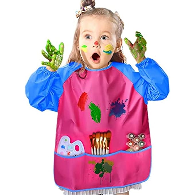 ELECDON Waterproof Art Smock, 4 Pcs Kids Art Aprons Children's Art Smock Long Sleeve with 3 Roomy Pockets for Child 2-6 Years Gifts, Kids Drawing Supplies (Rose Red, Dark Blue, Yellow, Big Red) - Image 2