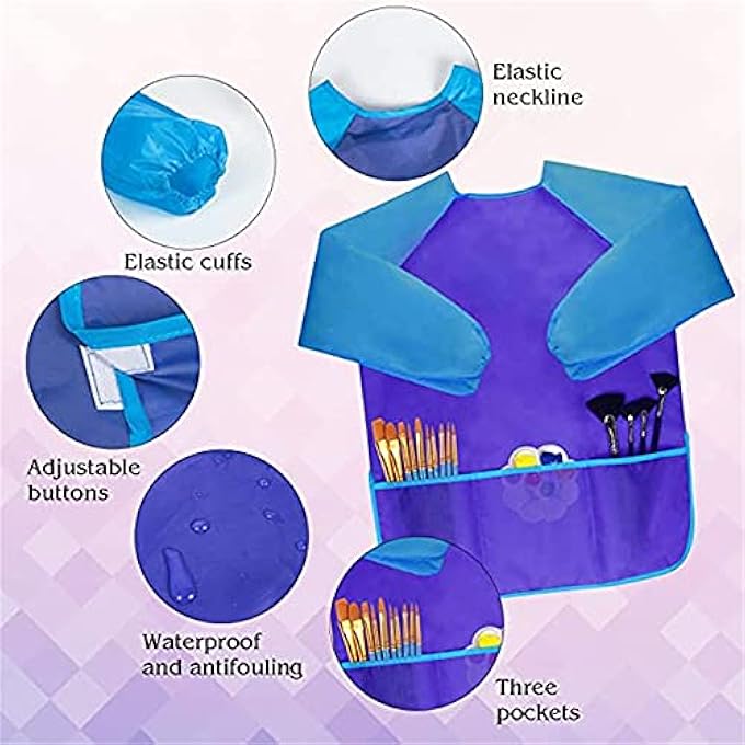 ELECDON Waterproof Art Smock, 4 Pcs Kids Art Aprons Children's Art Smock Long Sleeve with 3 Roomy Pockets for Child 2-6 Years Gifts, Kids Drawing Supplies (Rose Red, Dark Blue, Yellow, Big Red) - Image 3