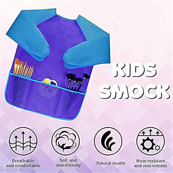ELECDON Waterproof Art Smock, 4 Pcs Kids Art Aprons Children's Art Smock Long Sleeve with 3 Roomy Pockets for Child 2-6 Years Gifts, Kids Drawing Supplies (Rose Red, Dark Blue, Yellow, Big Red) - Image 5