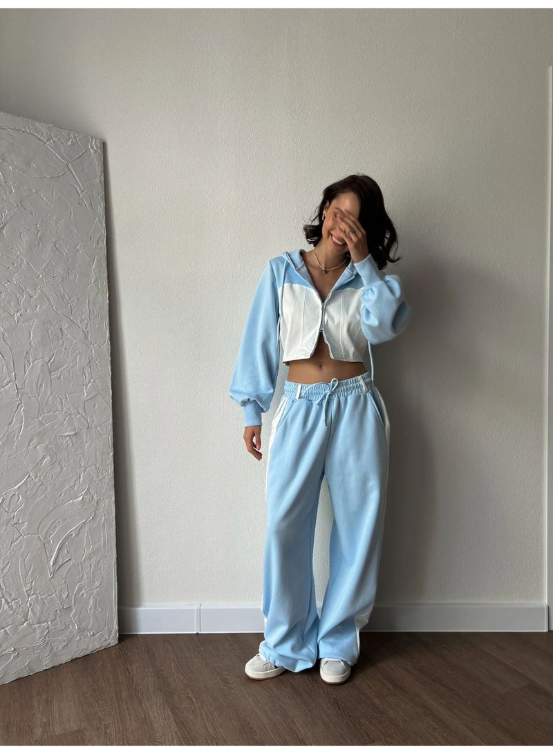 NIBEMINENT Two Piece Pant Set Women Full Sleeve Zipper Sweatshirts Hooded Casual Drawstring Long Pants Pockets Sweatshirt Suits Patchwork - Image 2