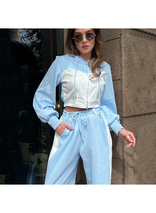 NIBEMINENT Two Piece Pant Set Women Full Sleeve Zipper Sweatshirts Hooded Casual Drawstring Long Pants Pockets Sweatshirt Suits Patchwork - Image 1