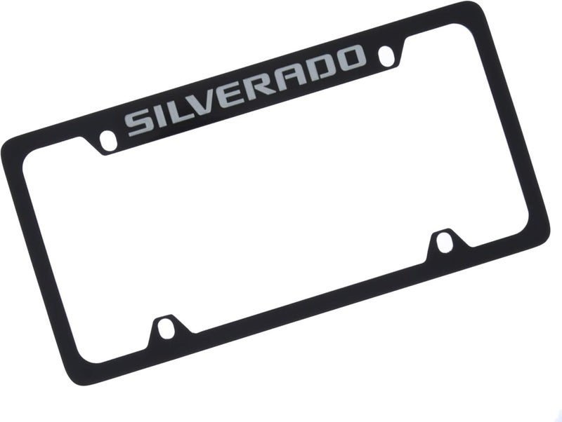 Chevrolet Silverado Black Coated Metal Engraved License Plate Frame Holder - Image 1