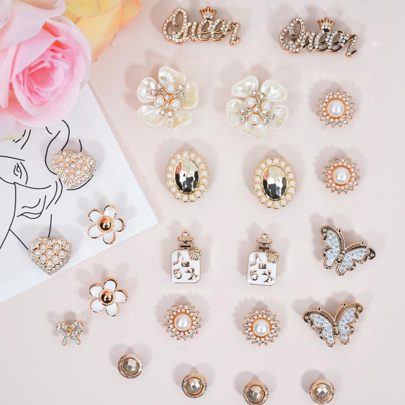 Lugailly Bling Shoe Charms for Girls and Women, Girly Gold Shoe Charms for Clog Sandals, 24 PCS Glitter Rhinestones Butterfly Pearl Flower Shoes Decoration Charms Bulk, Shoe Chains Pins Accessories - Image 3