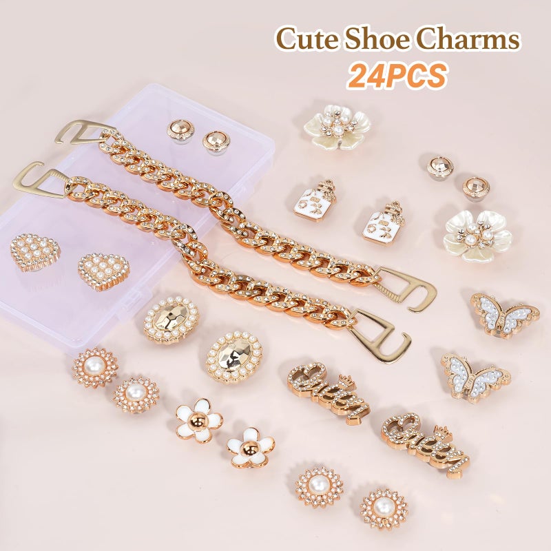 Lugailly Bling Shoe Charms for Girls and Women, Girly Gold Shoe Charms for Clog Sandals, 24 PCS Glitter Rhinestones Butterfly Pearl Flower Shoes Decoration Charms Bulk, Shoe Chains Pins Accessories - Image 2