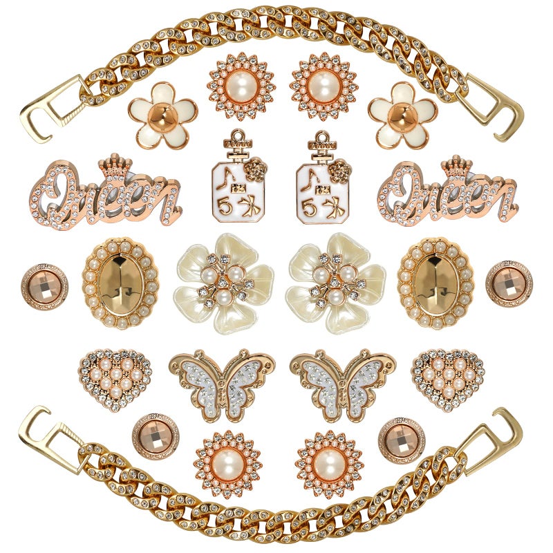 Lugailly Bling Shoe Charms for Girls and Women, Girly Gold Shoe Charms for Clog Sandals, 24 PCS Glitter Rhinestones Butterfly Pearl Flower Shoes Decoration Charms Bulk, Shoe Chains Pins Accessories - Image 1