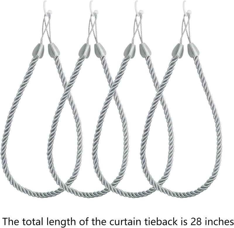 SLIFEOW Rope Curtain Tiebacks for Hanging Drapes, Extra Long Tie Backs with 4 Metal Screw Hooks, Holders Cord for Thin or Thick Window Curtains, Silver 4 Pack - Image 2