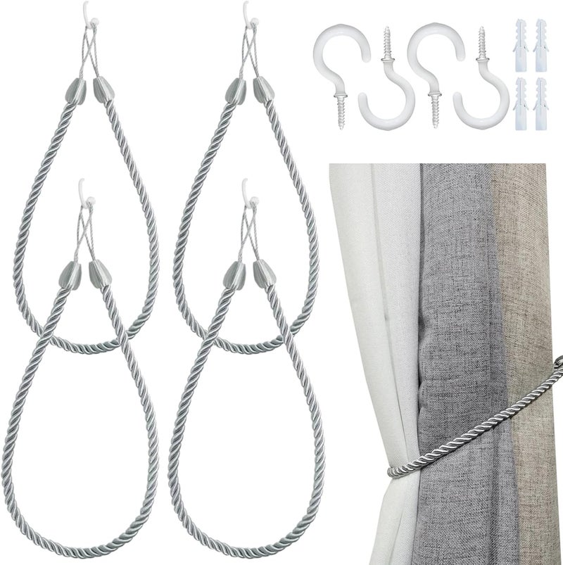 SLIFEOW Rope Curtain Tiebacks for Hanging Drapes, Extra Long Tie Backs with 4 Metal Screw Hooks, Holders Cord for Thin or Thick Window Curtains, Silver 4 Pack - Image 1