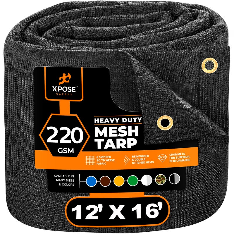 xpose safety Xpose Safety Heavy Duty Mesh Tarp  12 x 16 Multipurpose Black Protective Cover with Air Flow  Use for Tie Downs Shade Fences Canopies Dump Trucks  Tear Resistant 
