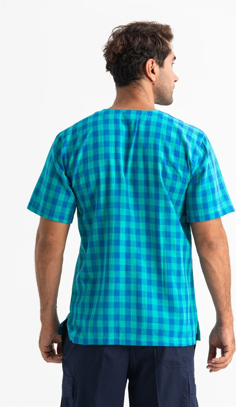 Eliş Şile Bezi Eliş Şile Diaper Short Sleeve Şile Diaper Cycling Collar Men's T-Shirt Mint Check