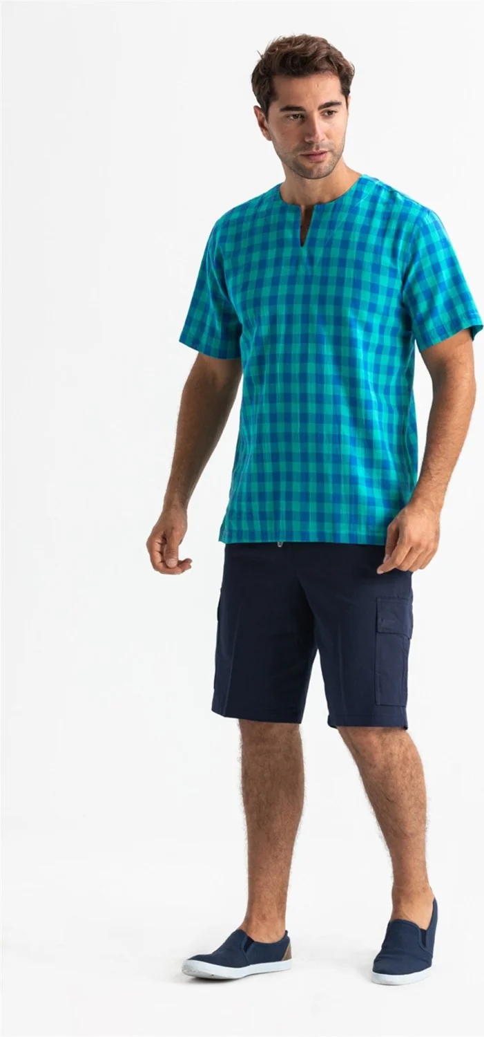 Eliş Şile Bezi Eliş Şile Diaper Short Sleeve Şile Diaper Cycling Collar Men's T-Shirt Mint Check
