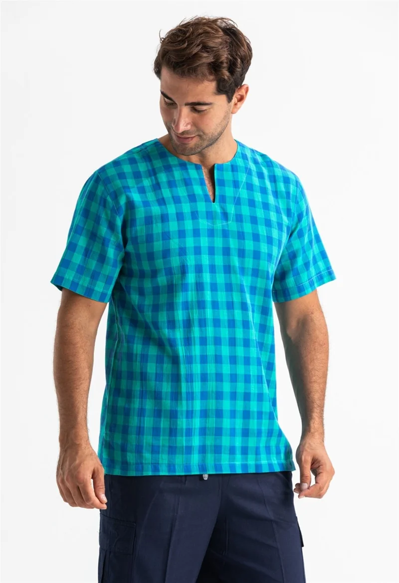 Eliş Şile Bezi Eliş Şile Diaper Short Sleeve Şile Diaper Cycling Collar Men's T-Shirt Mint Check