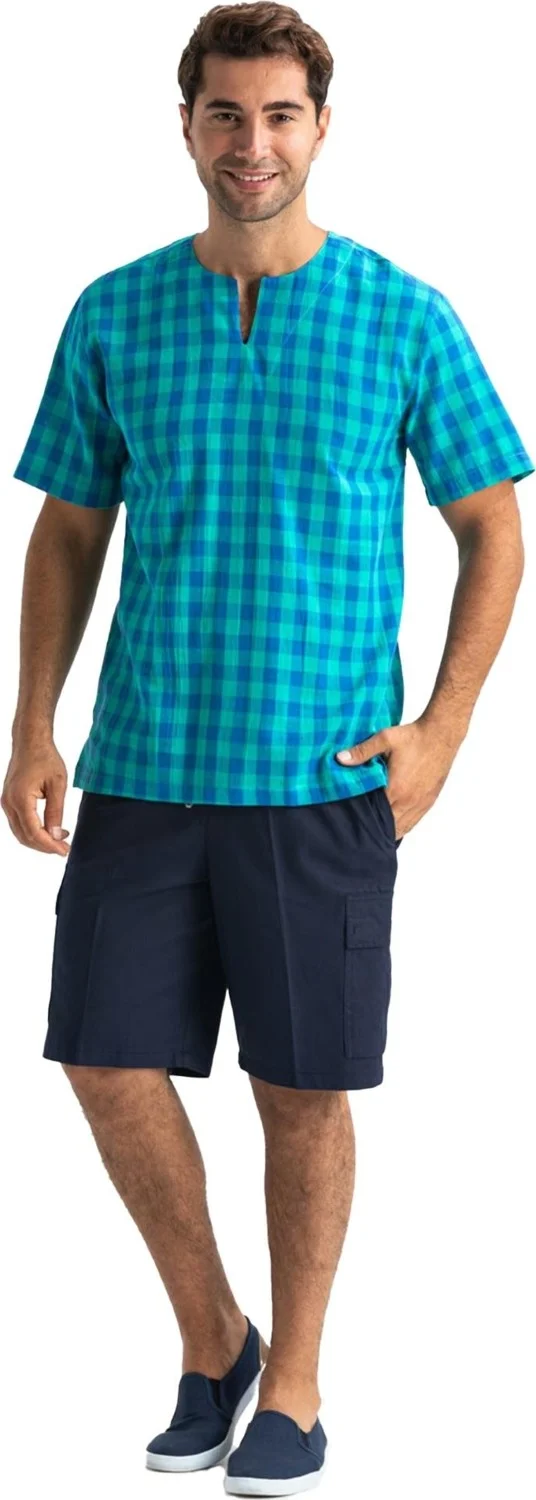 Eliş Şile Bezi Eliş Şile Diaper Short Sleeve Şile Diaper Cycling Collar Men's T-Shirt Mint Check
