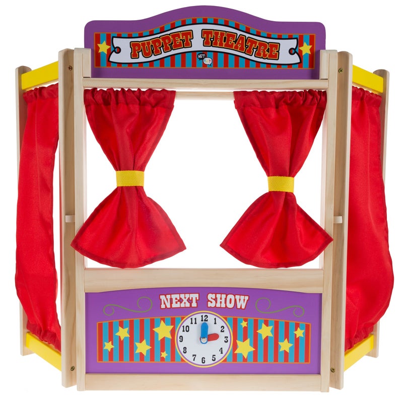 Hey Play Wooden Tabletop Puppet Theater with Curtains Blackboard and Clock Inspires Imagination and Creativity for Kids Boys and Girls
