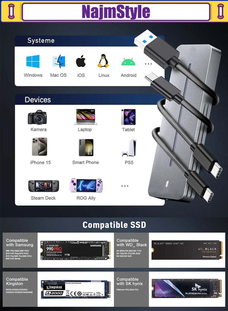 نجم ستايل غلاف SSD M.2 NVMe SATA، غلاف SSD M2 USB 3.2 10 جيجابت في الثانية، SATA NGFF 6 جيجابت في الثانية، محول SSD M2 من الألومنيوم مع وسادة تبريد، يدعم UASP و Trim، مفتاح M&B/مفتاح M في SSD 2230/2242/2260/2280 - Image 3