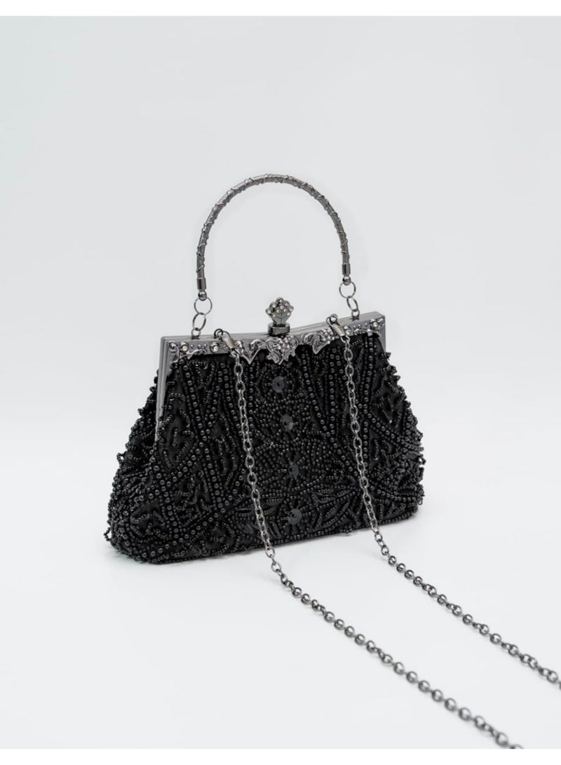 Women's Clutch Evening Bag Womens Vintage Beaded Rhinestone Embroidery Bag Women's Handbag Crossbody Bag Shoulder Bag with Removable Chain Perfect for Weddings, Ramadan, Birthdays,Prom Party - Image 3
