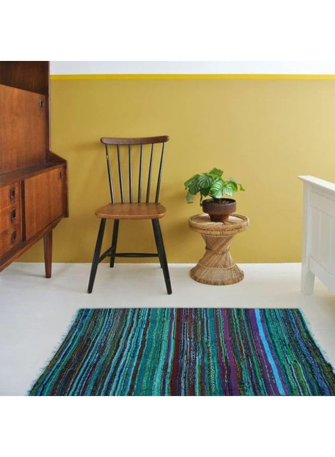 Aakriti Gallery Chindi Cotton Rag Rugs 100% Eco-Friendly, 2-In-1 Reversible Multipurpose, Multicolor Hand-Woven Traditional Rugs (5Ft X 3Ft) For Living Room And Kitchen (Turquoise)  - Image 5