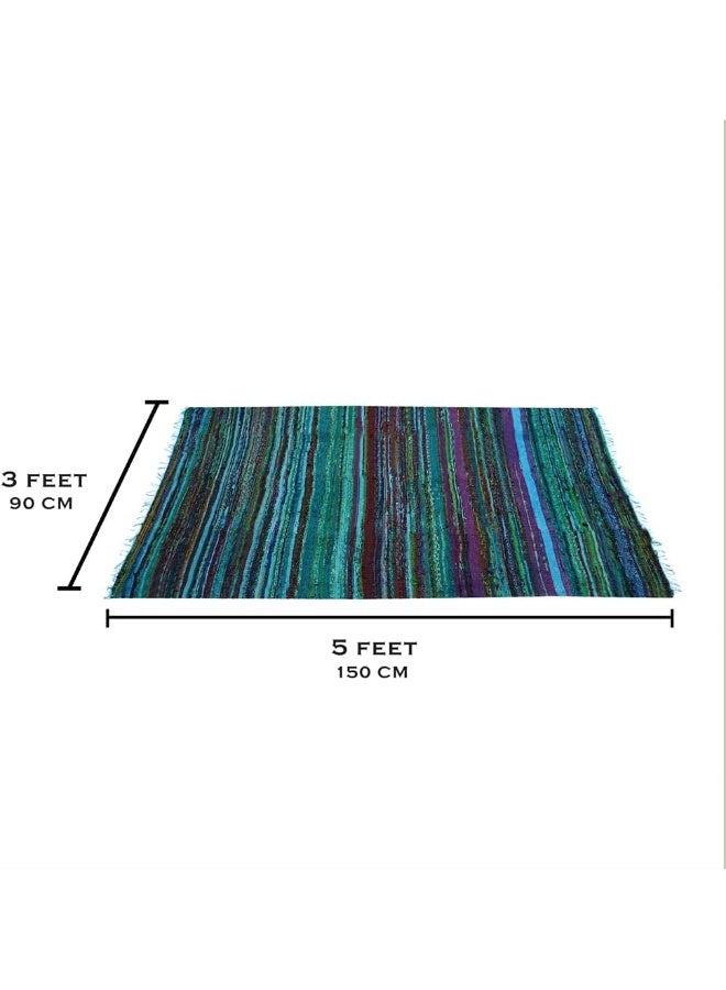 Aakriti Gallery Chindi Cotton Rag Rugs 100% Eco-Friendly, 2-In-1 Reversible Multipurpose, Multicolor Hand-Woven Traditional Rugs (5Ft X 3Ft) For Living Room And Kitchen (Turquoise)  - Image 2