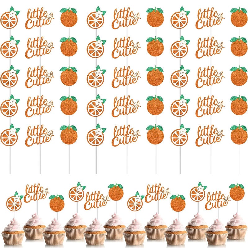 كلاراكو 48 قطعة من زينة الكب كيك اللامعة الصغيرة اللطيفة، زينة حفلات استقبال المولود الجديد اللطيفة، زينة كعكة باللون البرتقالي والحمضيات اللطيفة لحفلات أعياد ميلاد الأطفال اللطيفة، زينة كعكة لحفلات استقبال المولود الجديد، زينة كعكة لحفلات الفواكه - Image 1