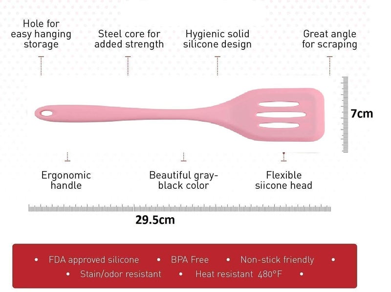 P-Plus International Silicone Slotted Spatula, Non Stick Kitchen Turners, High Heat Resistant BPA Free Kitchen Utensils, Ideal Cookware for Fring Fish, Eggs, Meat,French Fries Pink Pack of 1 - Image 2